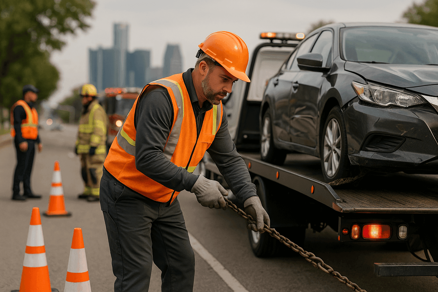 Tow truck operator managing accident scene with emergency responders and cones