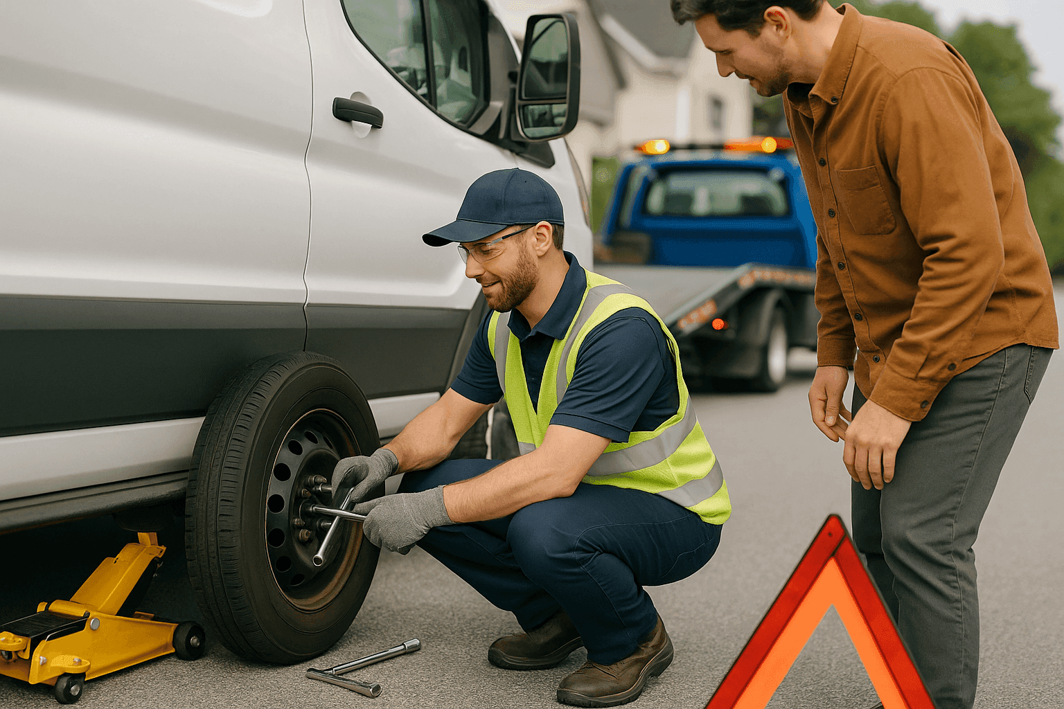 Towing technician performing a tire change on a commercial van roadside