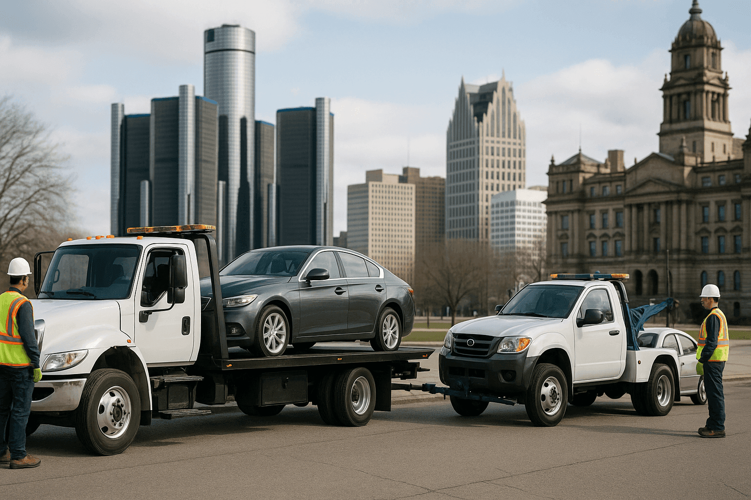 Flatbed tow truck and wheel-lift tow truck side by side with different vehicles loaded