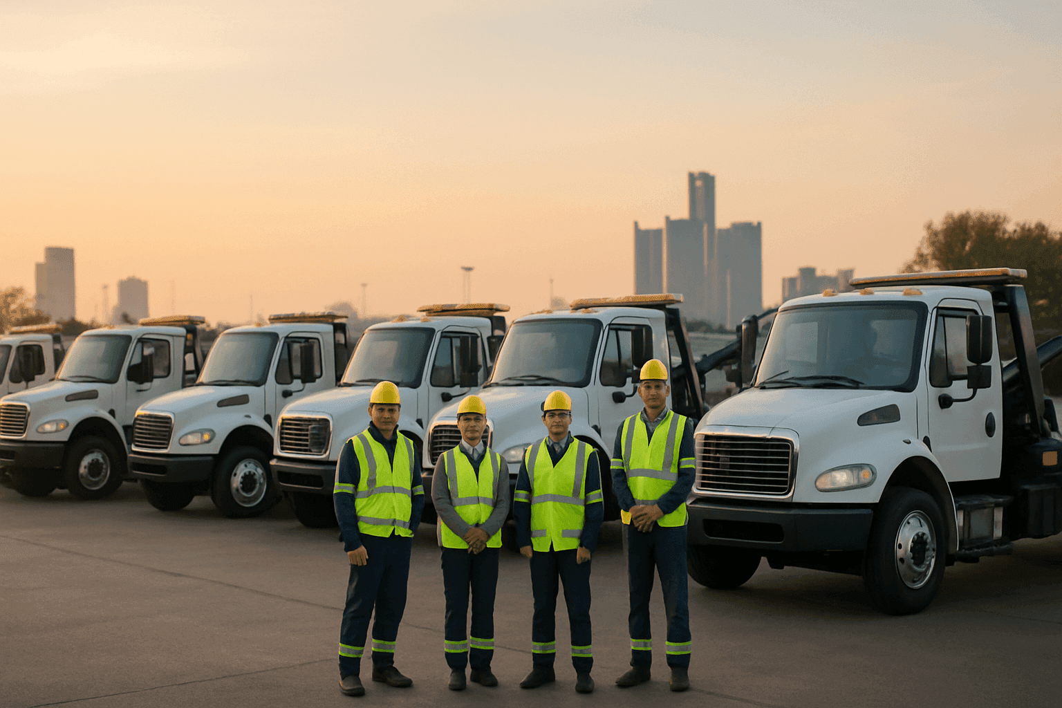 Fleet of tow trucks lined up in commercial lot ready for dispatch
